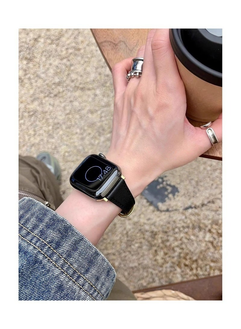 سوار من الجلد الطبيعي عالي الجودة لساعة أبل، متوافق مع مقاسات 42 مم، 44 مم، 45 مم، 46 مم، 49 مم، سوار معصم نسائي رفيع لساعات أبل من السلسلة 11، 10، 9، 8، 7، 6، 5، 4، 3، 2، 1، SE، Ultra3، Ultra2، للاستخدام اليومي، أسود - Image 4